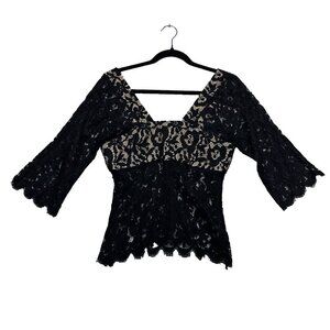 Trina Turk Womens Black Lace Sheer Top Square V-Neck Size S Witchy Y2K Party